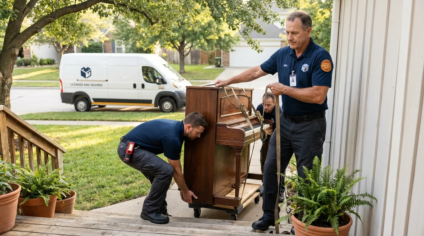 Licensed piano movers securing grand piano in Riverton, WY