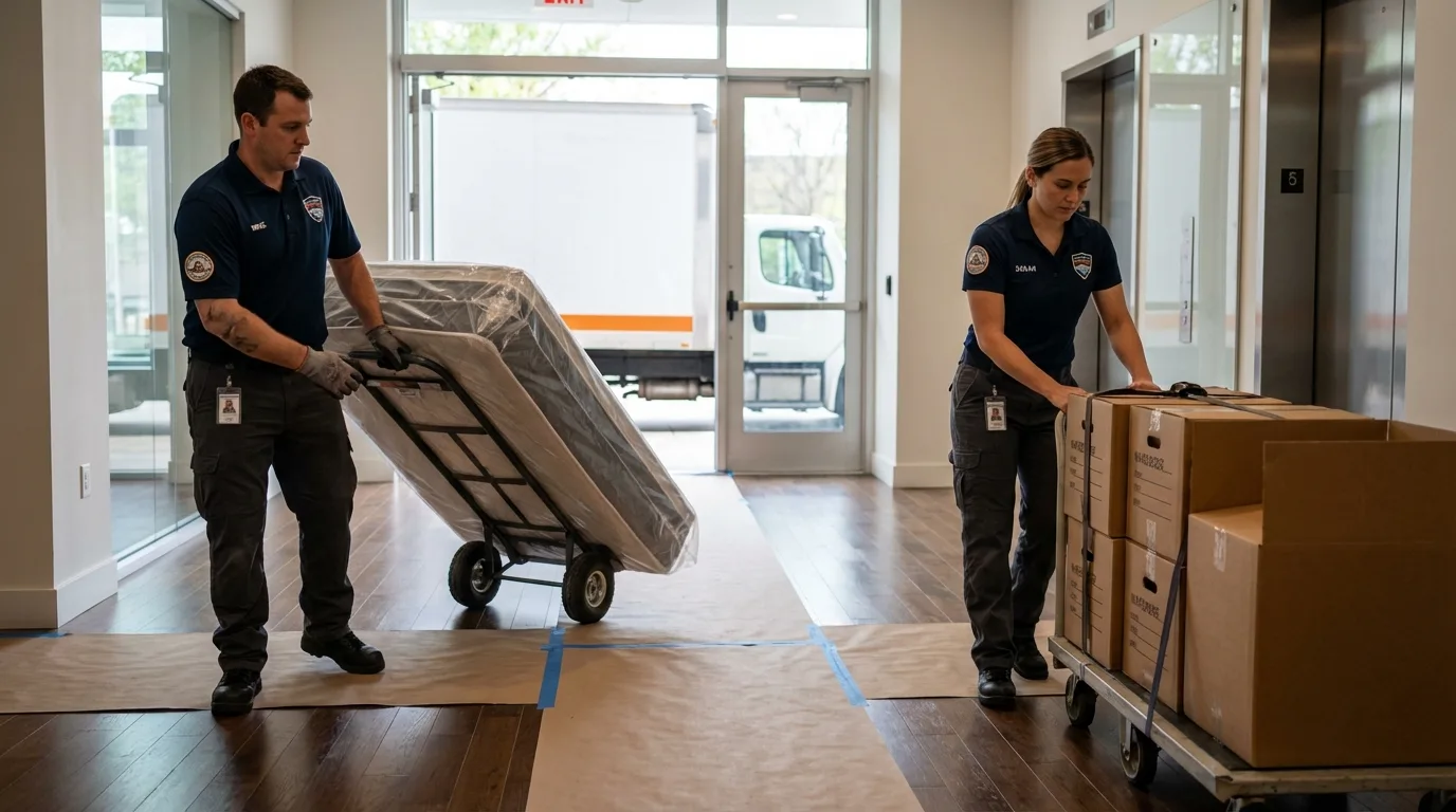 Professional apartment movers loading elevator in Riverton, WY